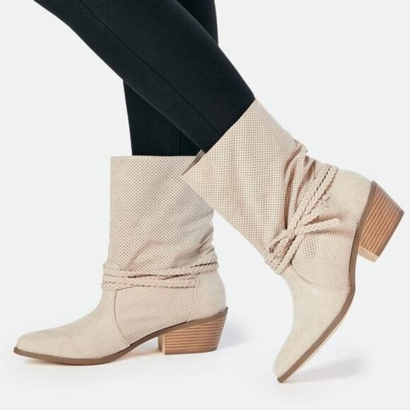 JustFab Beige Natural Western Style Pull On Mid Calf Perforated Boots Booties - Picture 2 of 8